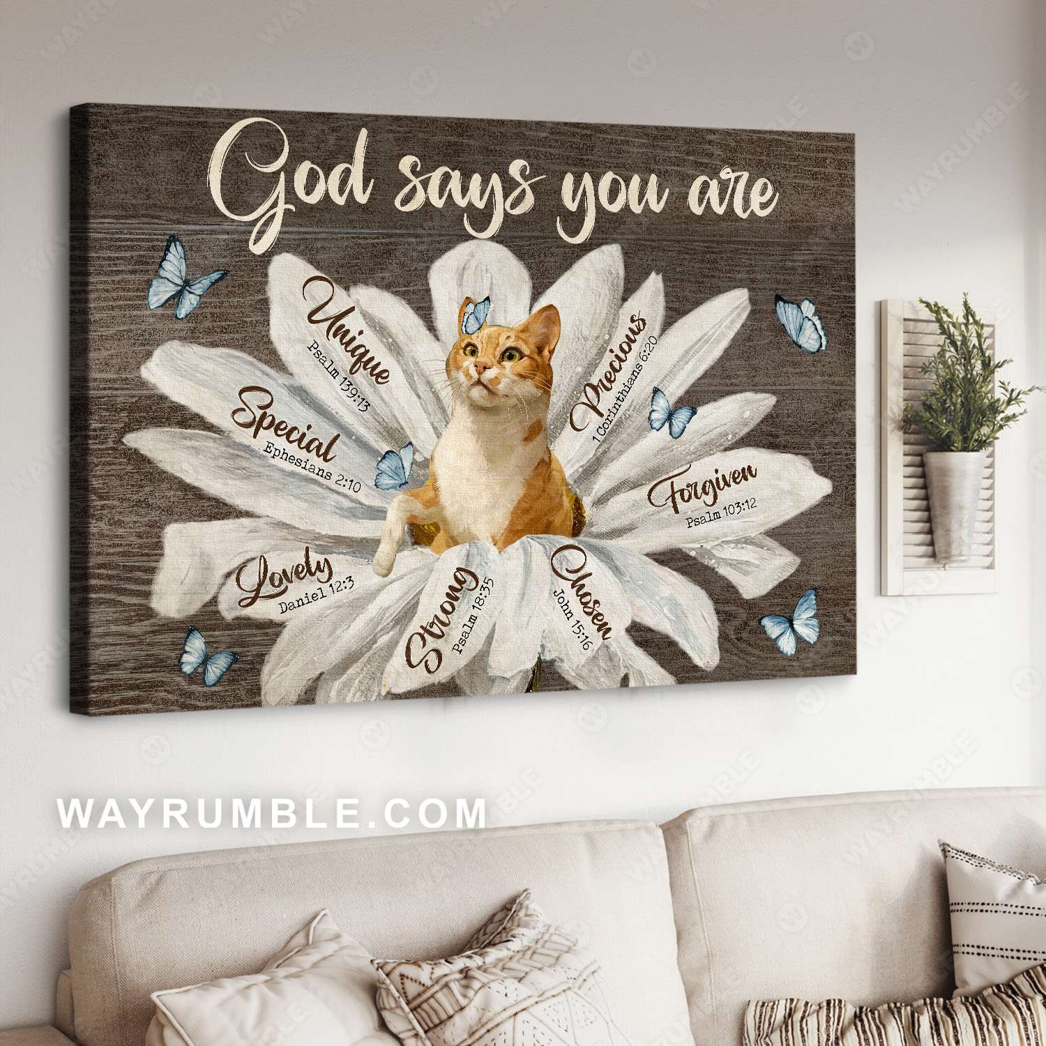 Cat painting, Beautiful butterfly, Wooden background, God says you are - Jesus Landscape Canvas Prints, Christian Wall Art