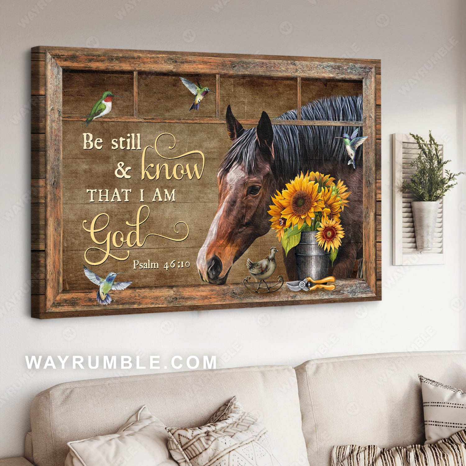 Brown horse, Big sunflower, Colorful hummingbird, Be still and know that I am God - Jesus Landscape Canvas Prints, Christian Wall Art