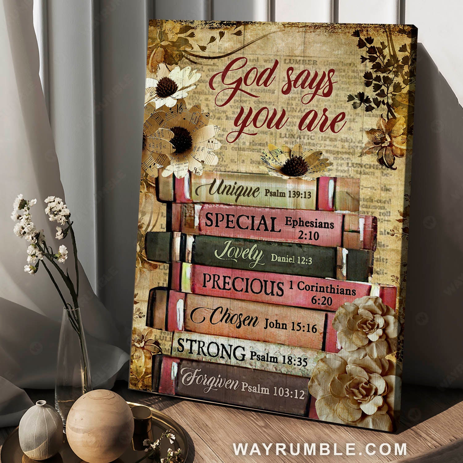 Vintage flower, Bible books, God says you are unique - Jesus Portrait Canvas Prints, Christian Wall Art
