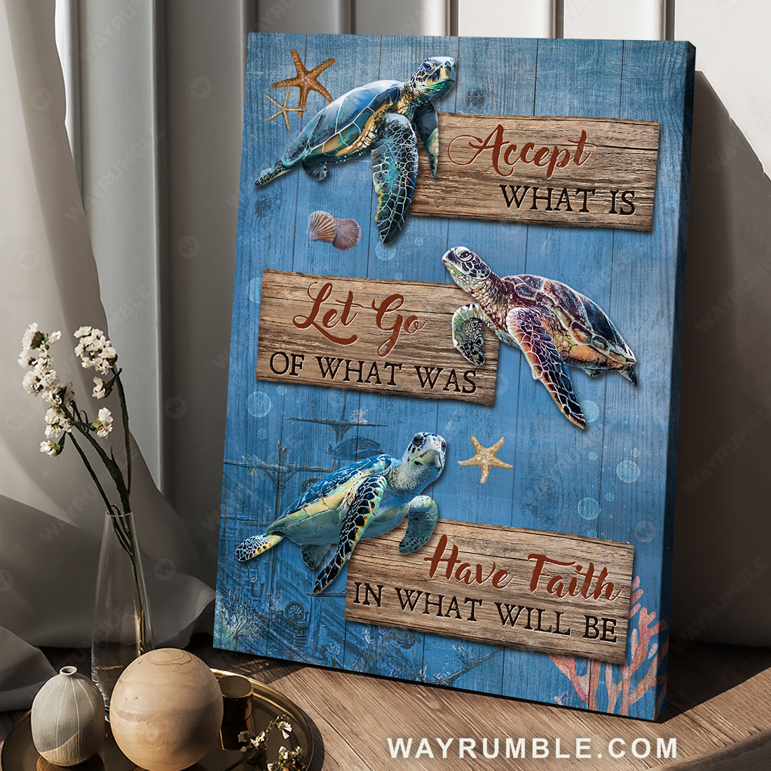 Beautiful sea turtle, Blue ocean, Colorful starfish, Accept what is let go - Jesus Portrait Canvas Prints, Christian Wall Art