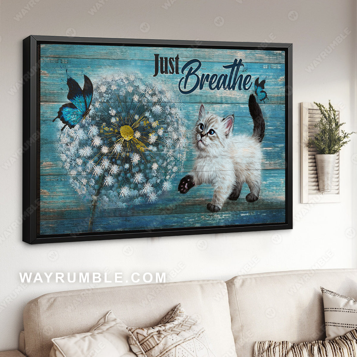 Little cat, Big dandelion flower, Blue butterfly, Just breathe - Jesus Landscape Canvas Prints, Christian Wall Art