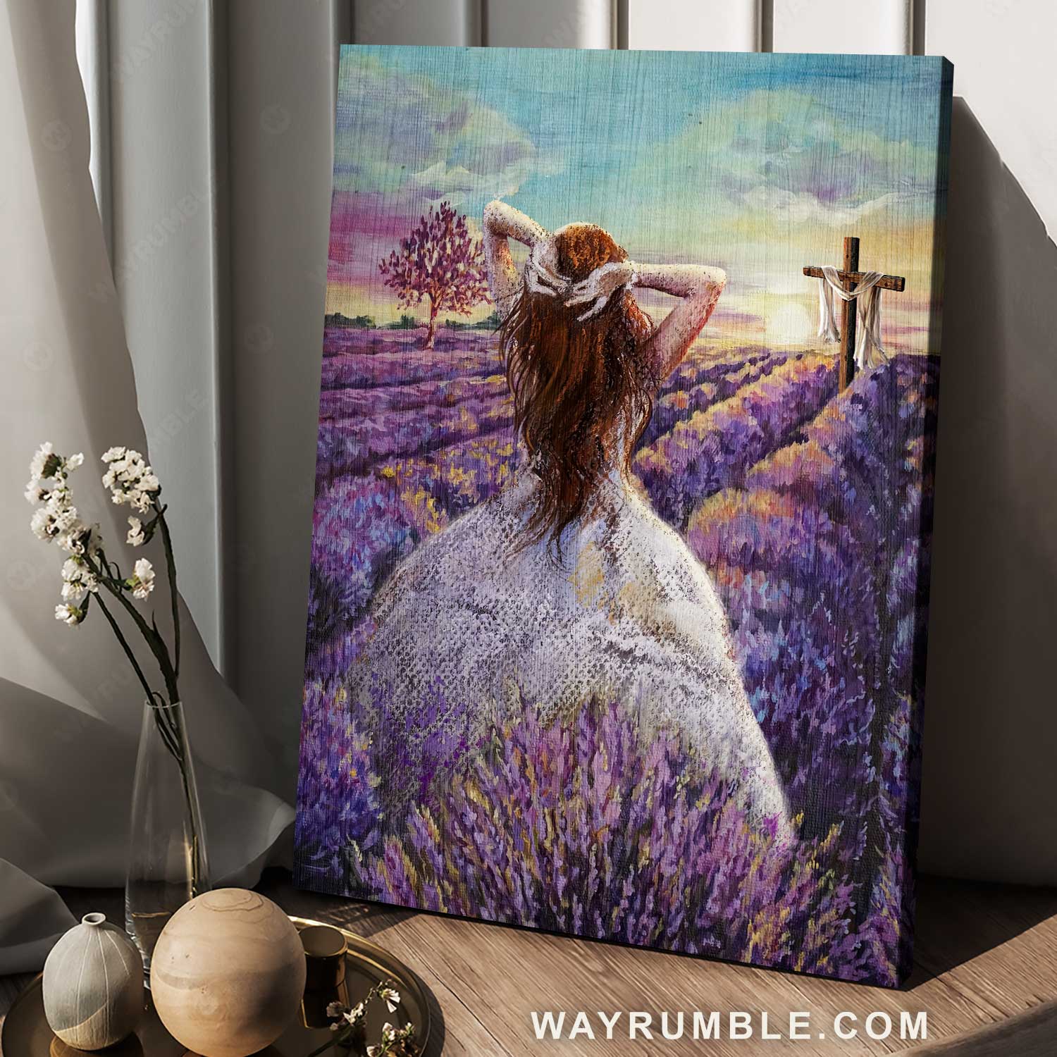Pretty girl painting, Amazing lavender field, Wooden cross, Colorful sky - Jesus Portrait Canvas Prints, Home Decor Wall Art