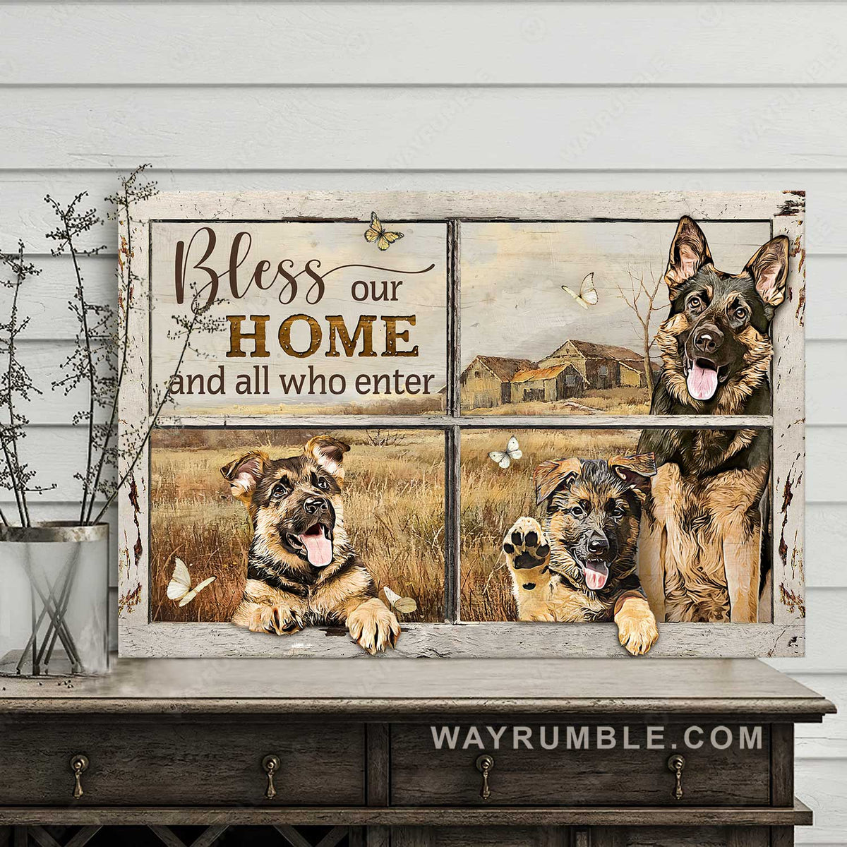 Little German Shepherd, Farm painting, Bless our home and all who enter - Jesus Landscape Canvas Prints, Home Decor Wall Art