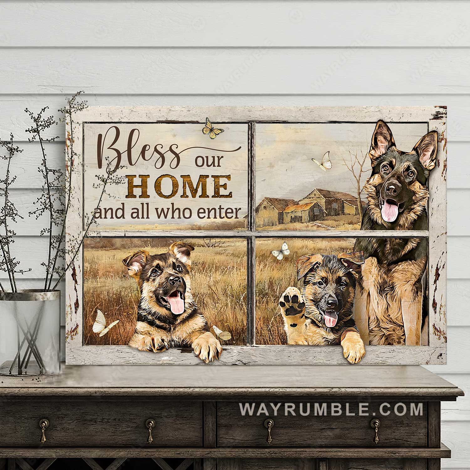 Little German Shepherd, Farm painting, Bless our home and all who enter - Jesus Landscape Canvas Prints, Home Decor Wall Art
