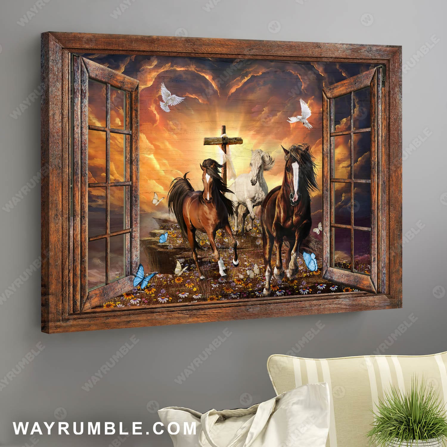 Running horse, Dove symbol, Beautiful sunset, Wooden window - Jesus Landscape Canvas Prints, Wall Art