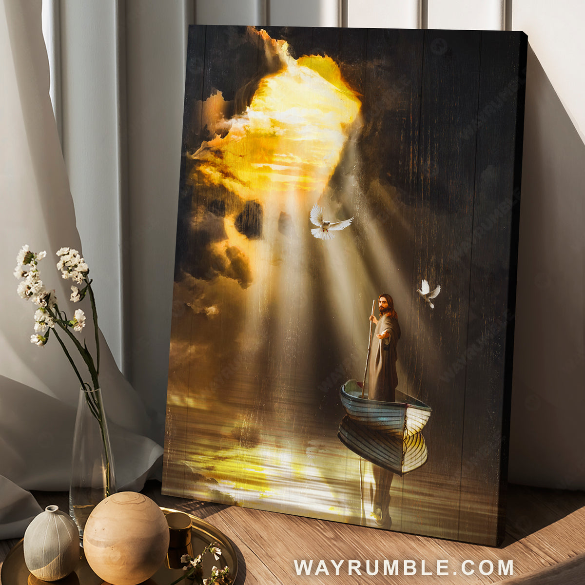 Jesus Christ, Jesus boat, Dove symbol, Holy Spirit, Light from heaven - Jesus Portrait Canvas Prints, Christian Wall Art