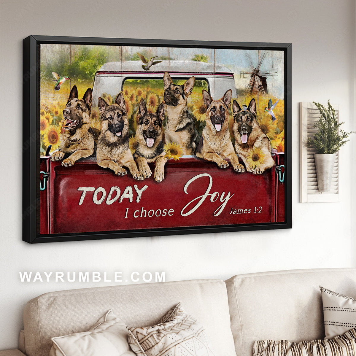 Amazing German Shepherd, Sunflower field, Hummingbird, Today I choose joy - Jesus Landscape Canvas Prints, Wall Art