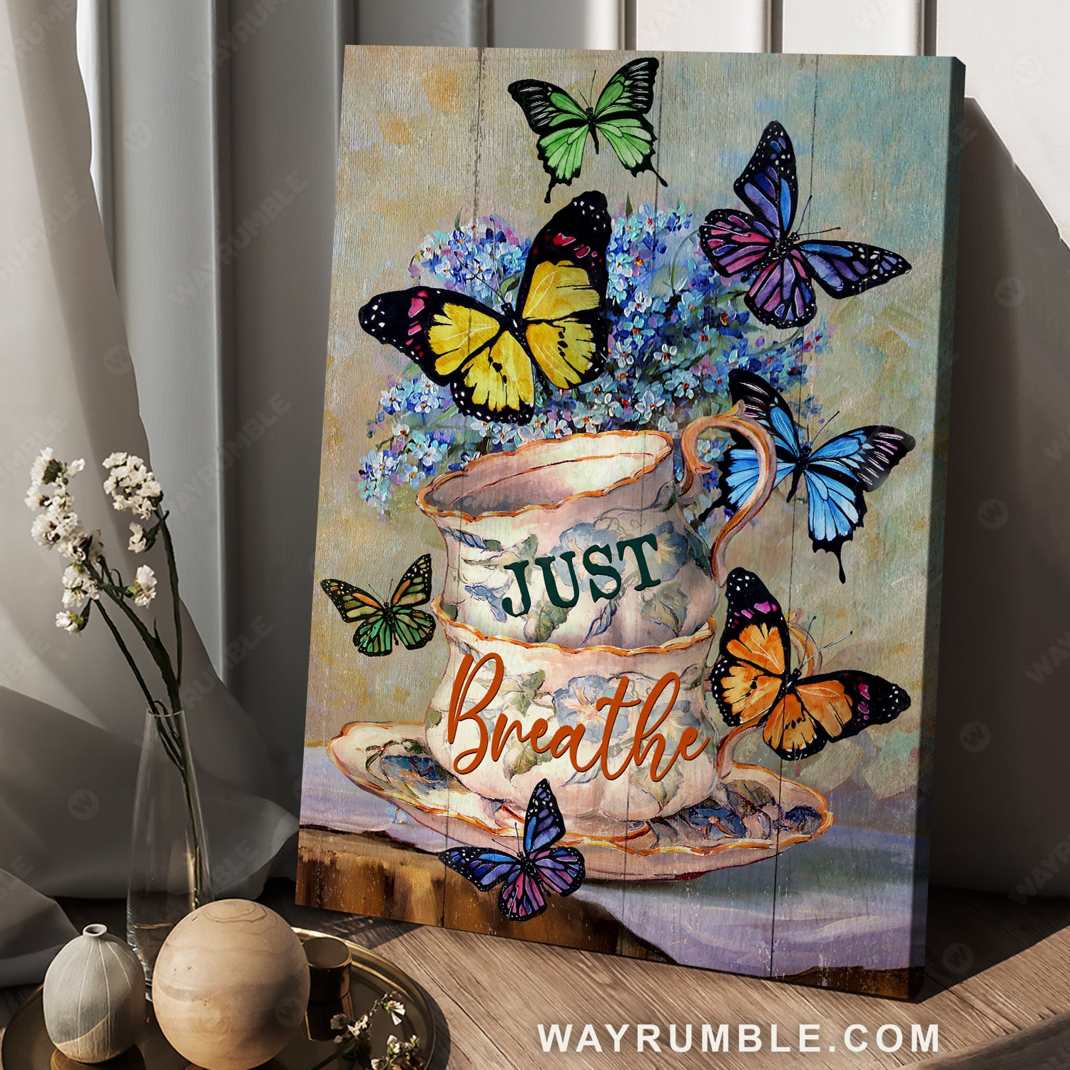 Colorful butterfly, Vintage tea cup, Blue hydrangea, Just breathe - Jesus Portrait Canvas Prints, Christian Wall Art