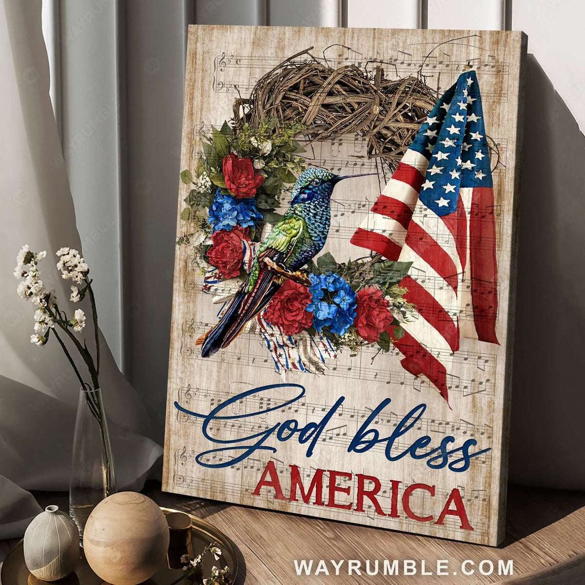 USA flag, Hummingbird painting, Spring wreath, God bless America - Jesus Portrait Canvas Prints, Christian Wall Art