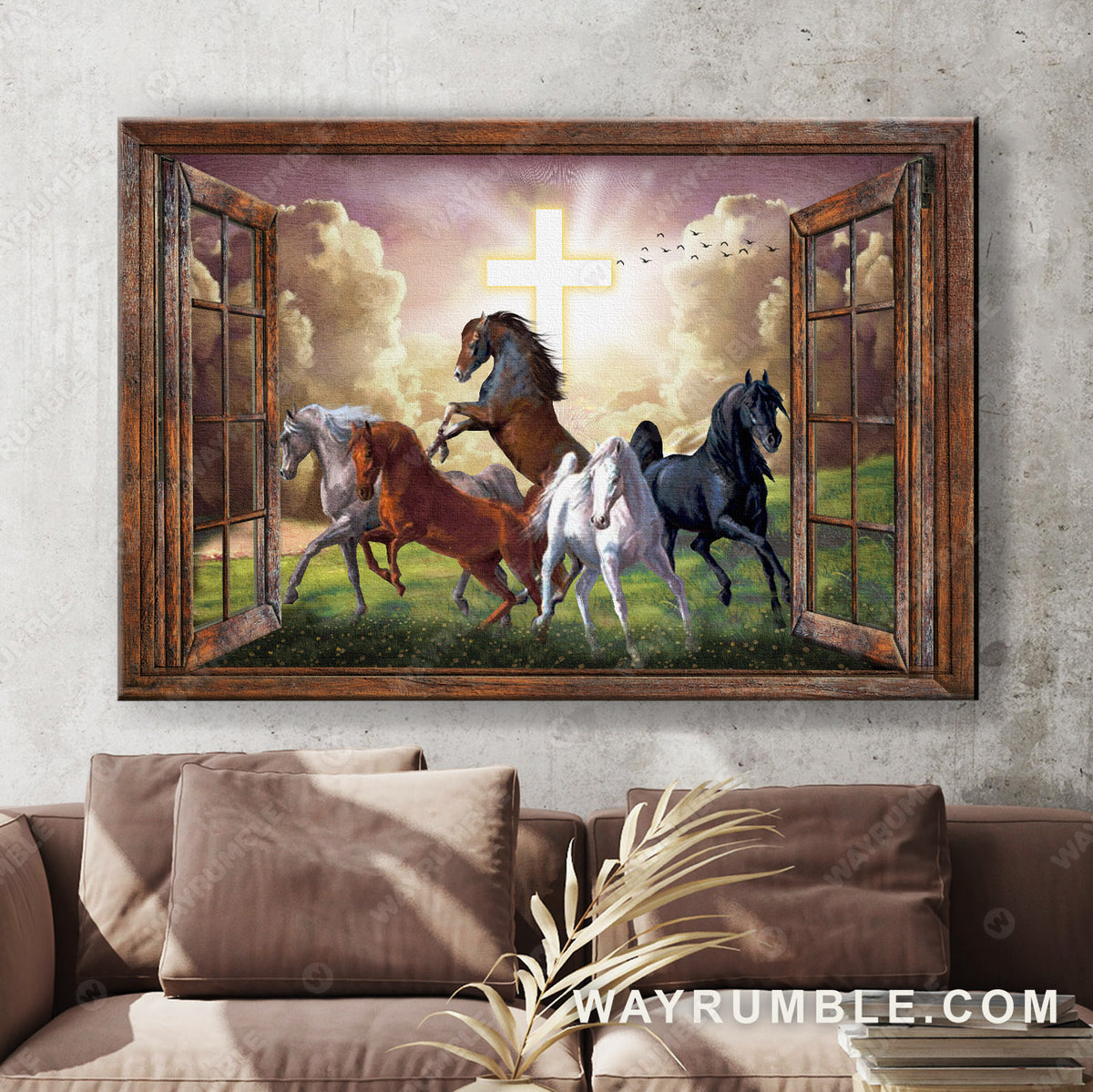 Horse painting, Running horses, Cross light, Mighty horses from heaven - Jesus Landscape Canvas Prints, Christian Wall Art