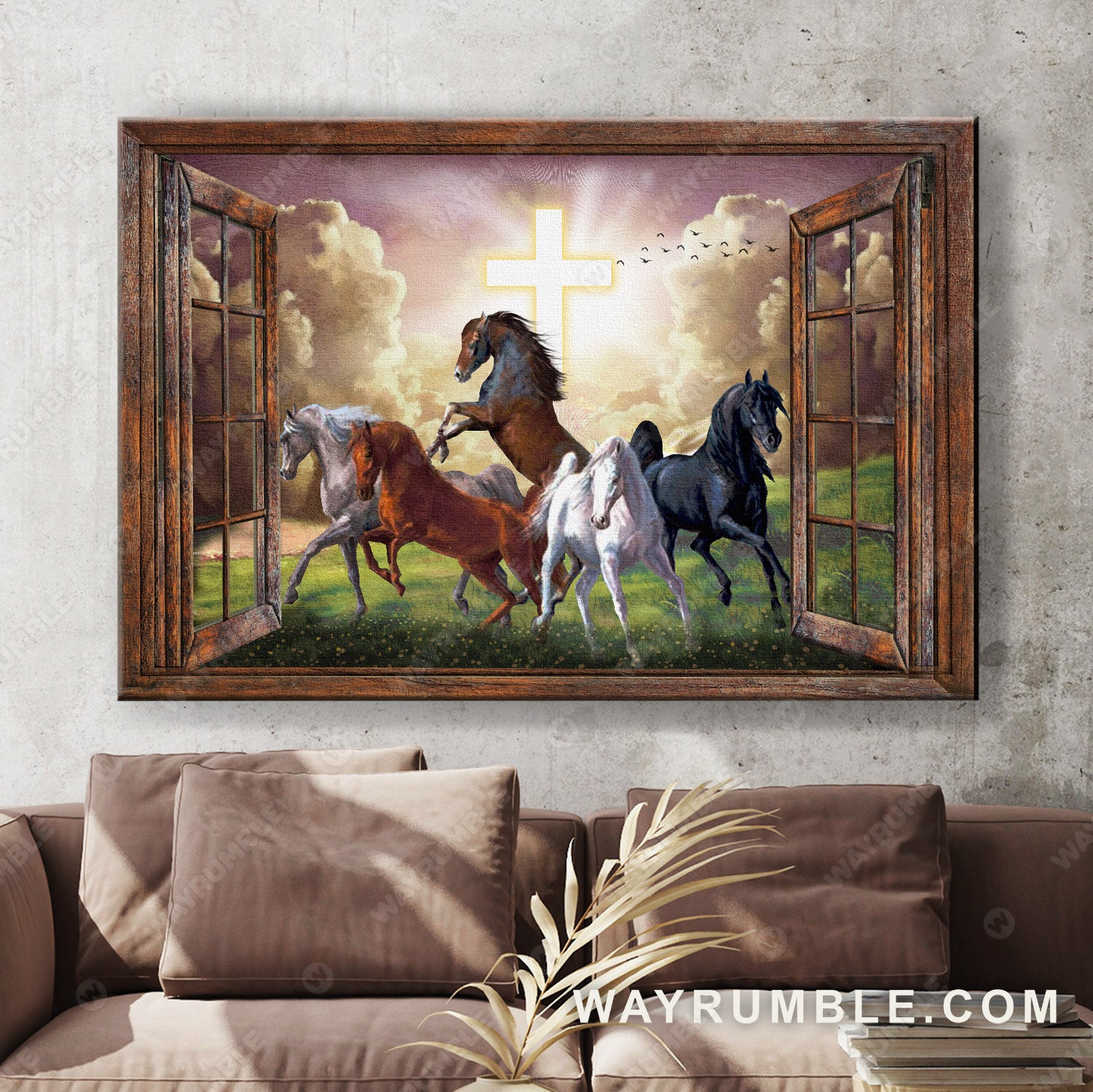 Horse painting, Running horses, Cross light, Mighty horses from heaven - Jesus Landscape Canvas Prints, Christian Wall Art