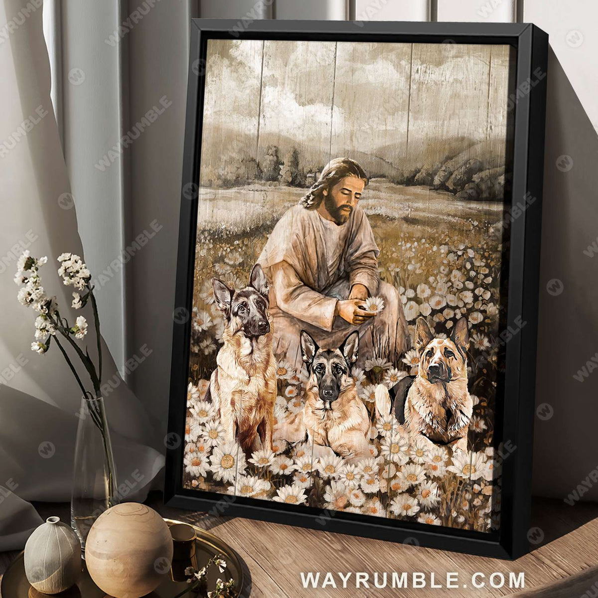 Jesus painting, German Shepherd drawing, Daisy flower field, A peaceful day - Jesus Portrait Canvas Prints, Christian Wall Art