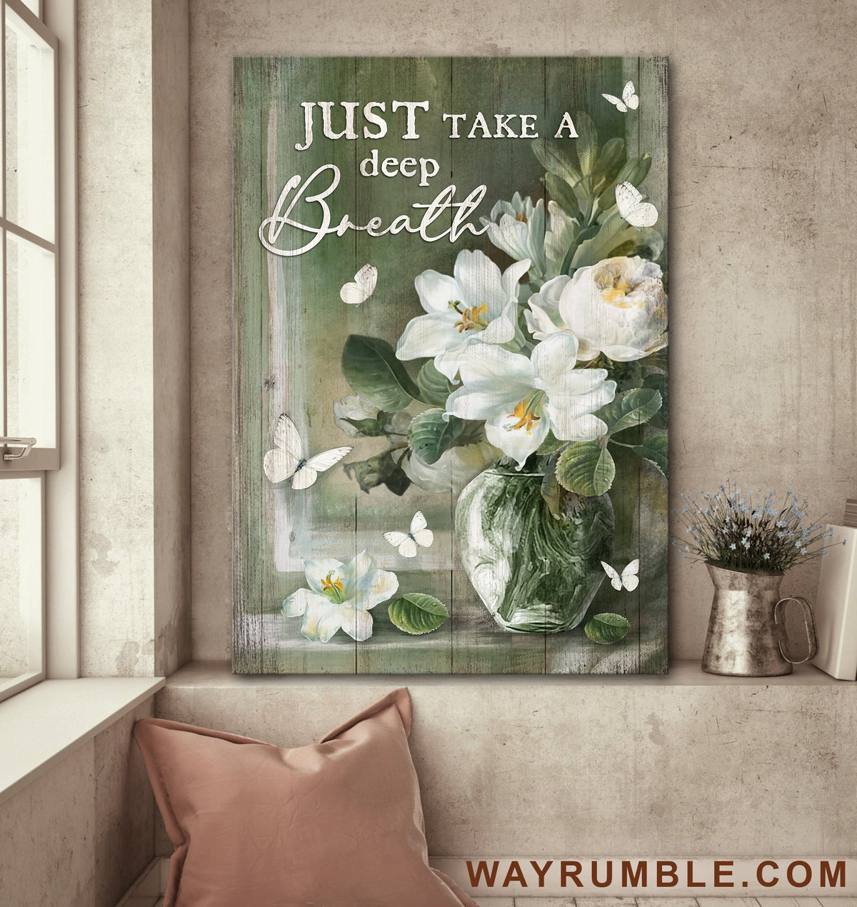 Lily flower vase painting, Just take a deep breath - Jesus, Flower, Still live painting Portrait Canvas Prints, Wall Art