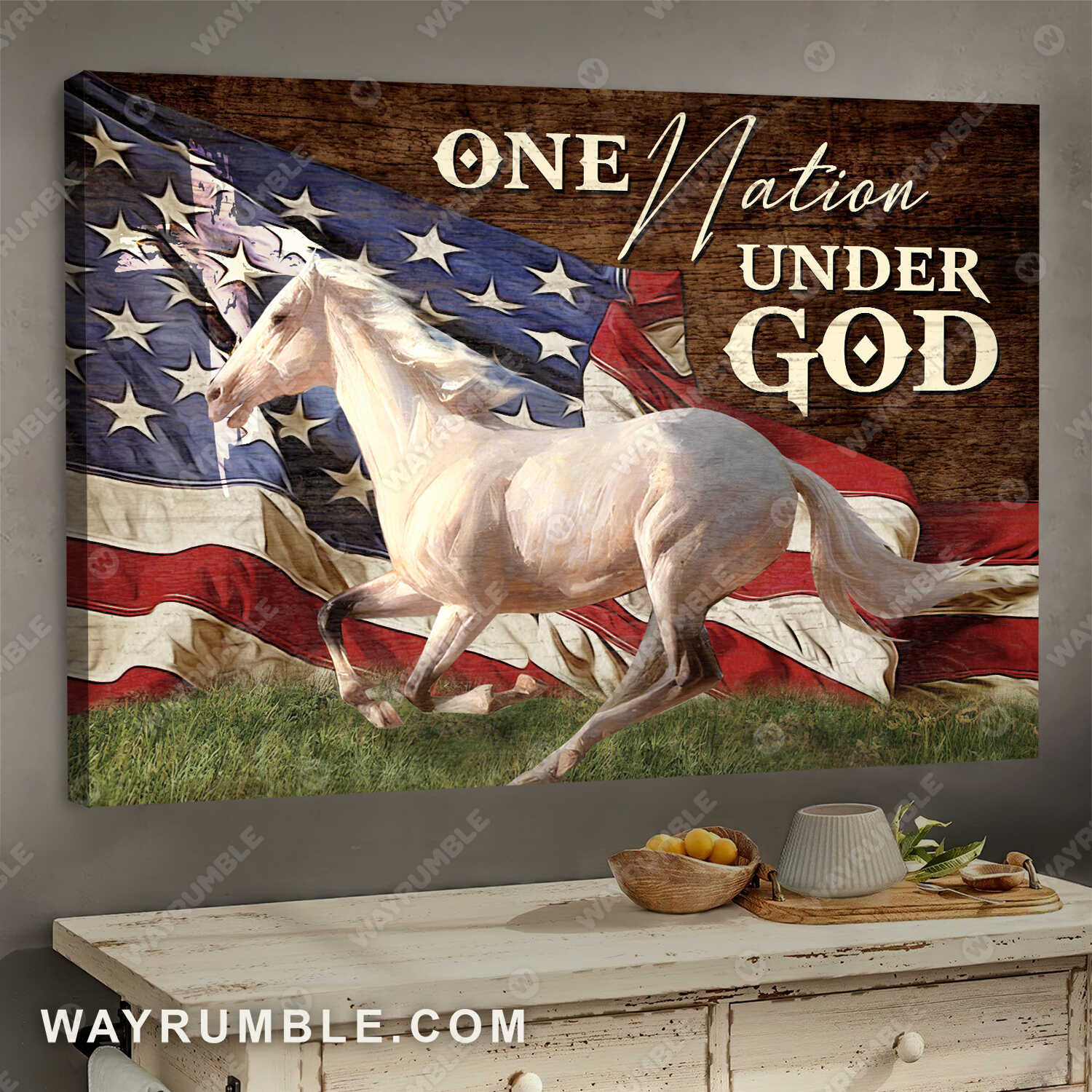 White horse painting, US Flag, One nation under God, Run to the freedom - Jesus, Horse Landscape Canvas Prints, Wall Art