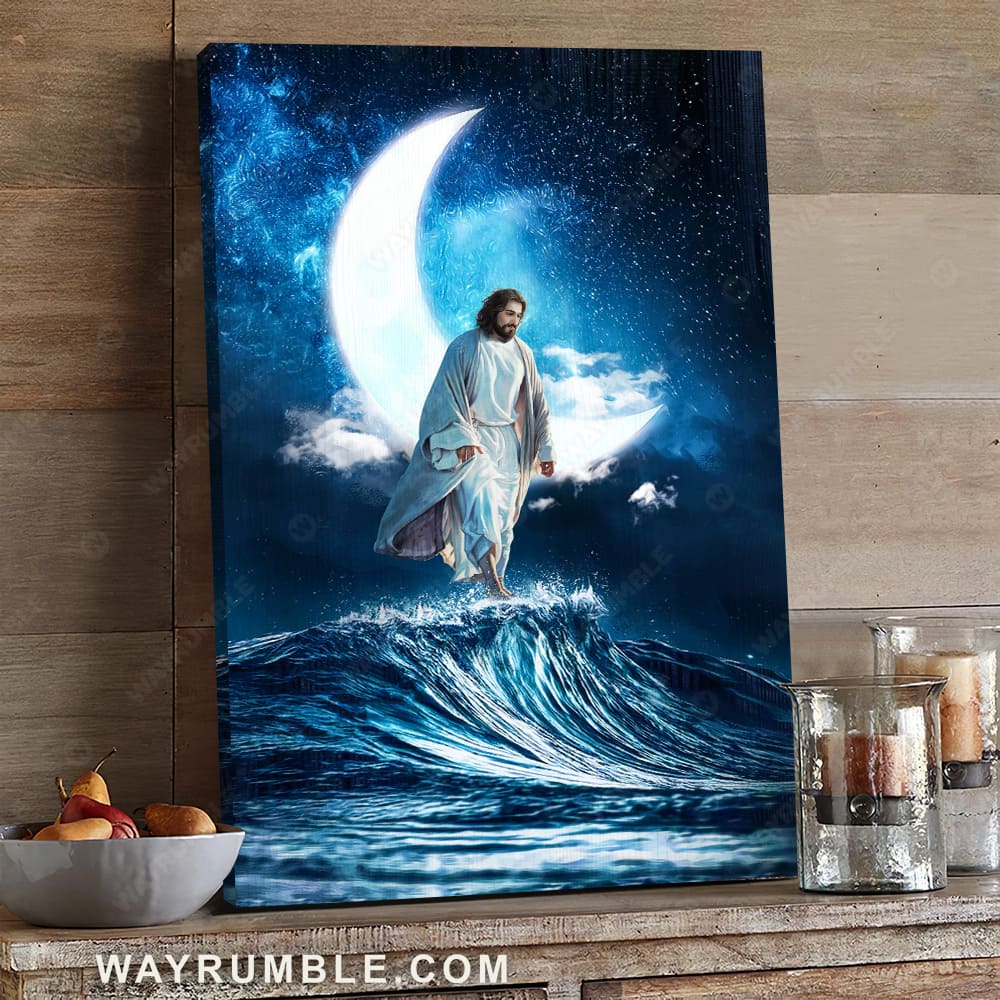 Beautiful moon, Night sky, Jesus walks on water - Jesus Portrait Canvas Prints, Wall Art