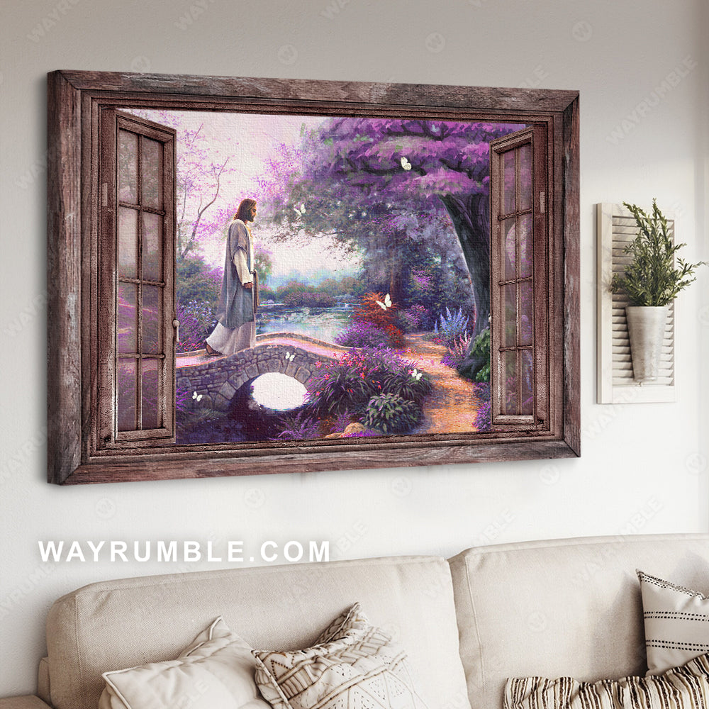 Jesus painting, Purple flower forest, Forest painting, Walking on the bridge - Jesus Landscape Canvas Prints, Christian Wall Art