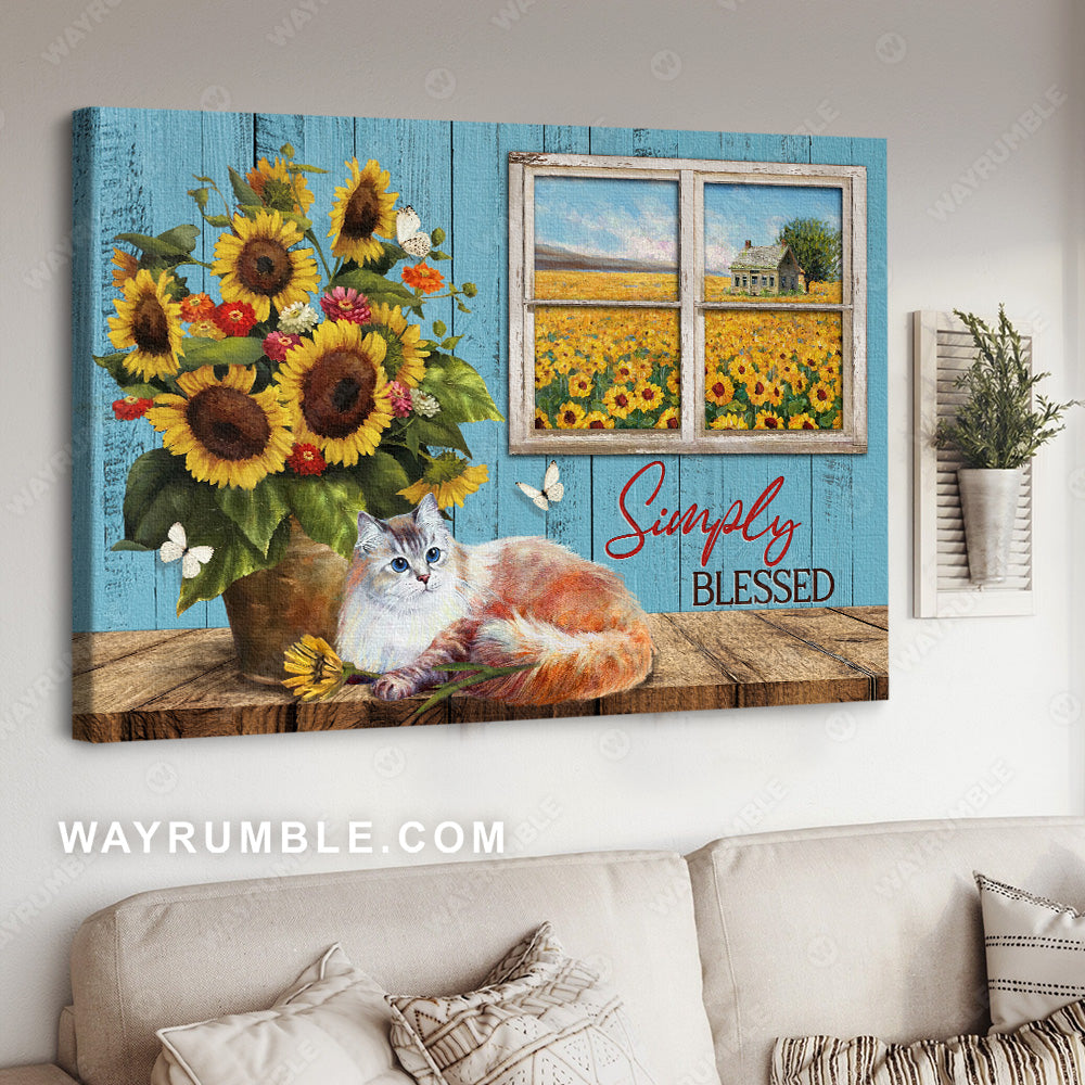 Calico cat, Sunflower field, Blue window, White butterfly, Simply blessed - Jesus Landscape Canvas Prints, Christian Wall Art