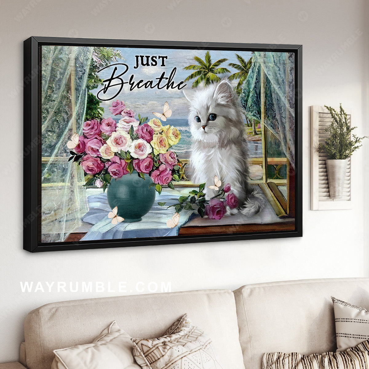 White cat, Colorful rose vase, Ocean view, Just breathe - Jesus Landscape Canvas Prints, Christian Wall Art