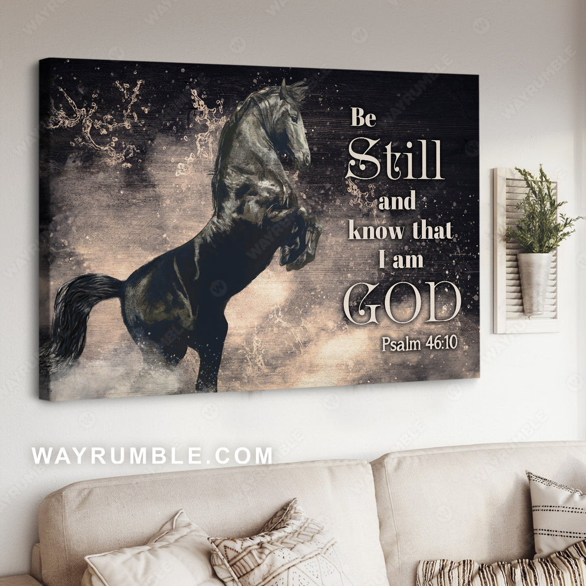 The amazing horse, Black horse painting, Running horse, Be still and know that I am God - Jesus Landscape Canvas Prints, Christian Wall Art