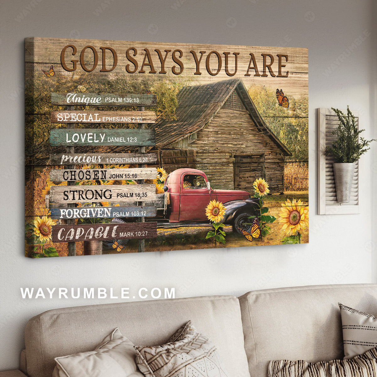 Sunflower field, Wooden house, Monarch butterfly, God says you are unique - Jesus Landscape Canvas Prints, Home Decor Wall Art