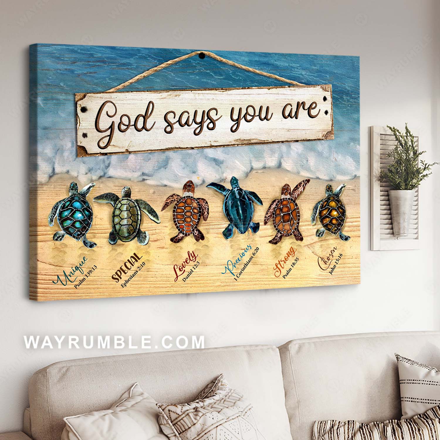 Sea turtle, Beach painting, Colorful picture, God says you are - Jesus Landscape Canvas Prints, Christian Wall Art