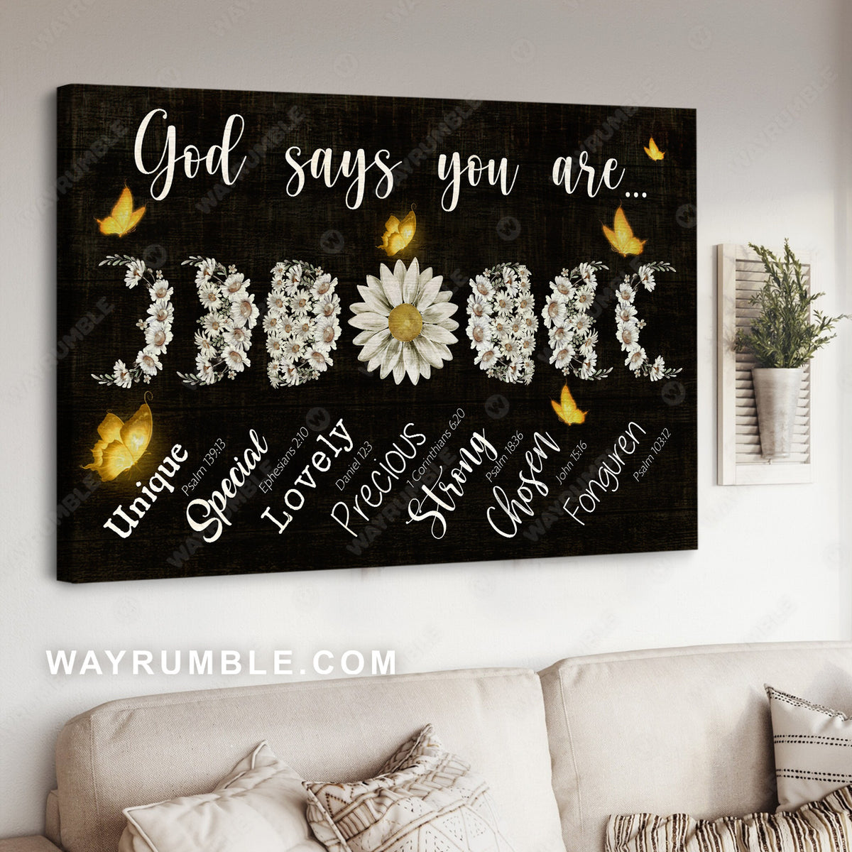 Unique daisy, Yellow butterfly, Black background, God says you are unique - Jesus Landscape Canvas Prints, Christian Wall Art