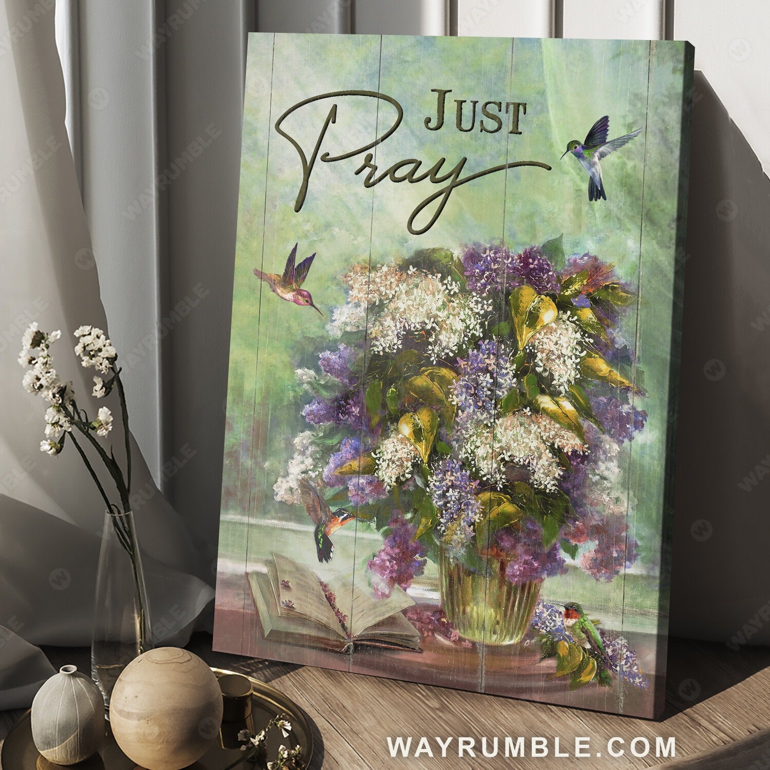 Purple flower, Colorful hummingbird, Green background, Just pray - Jesus Portrait Canvas Prints, Christian Wall Art