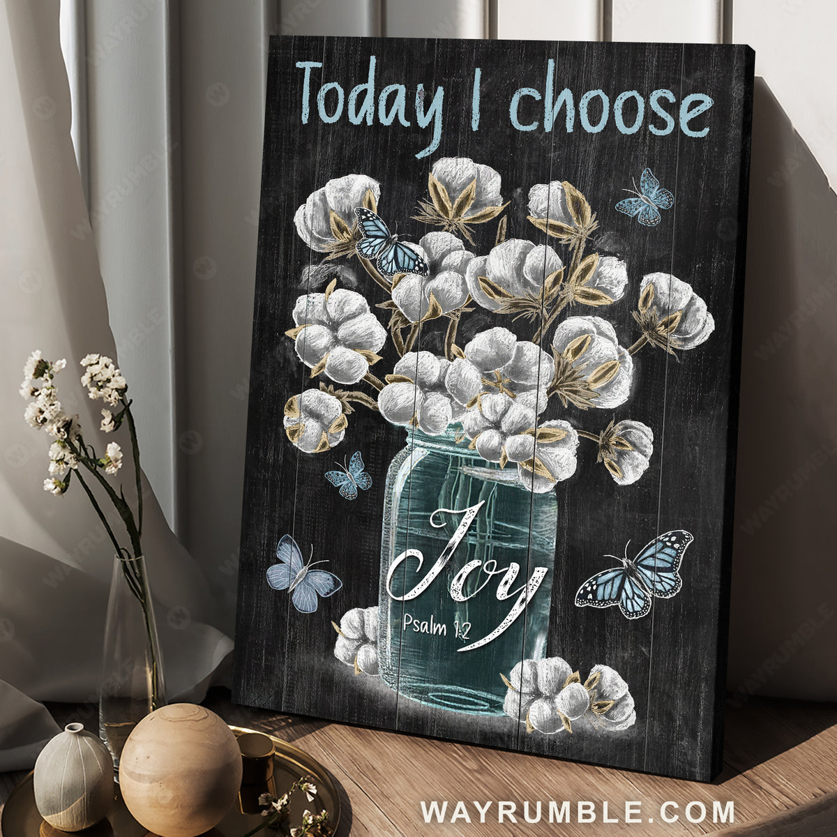 Unique cotton flower painting, Blue butterfly, Today I choose joy - Jesus Portrait Canvas Prints, Home Decor Wall Art