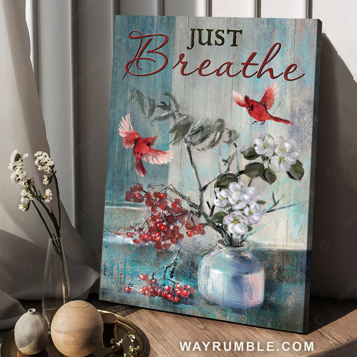 Red cardinals, Cranberry, White cherry blossoms, Just breathe - Jesus Portrait Canvas Prints, Christian Wall Art