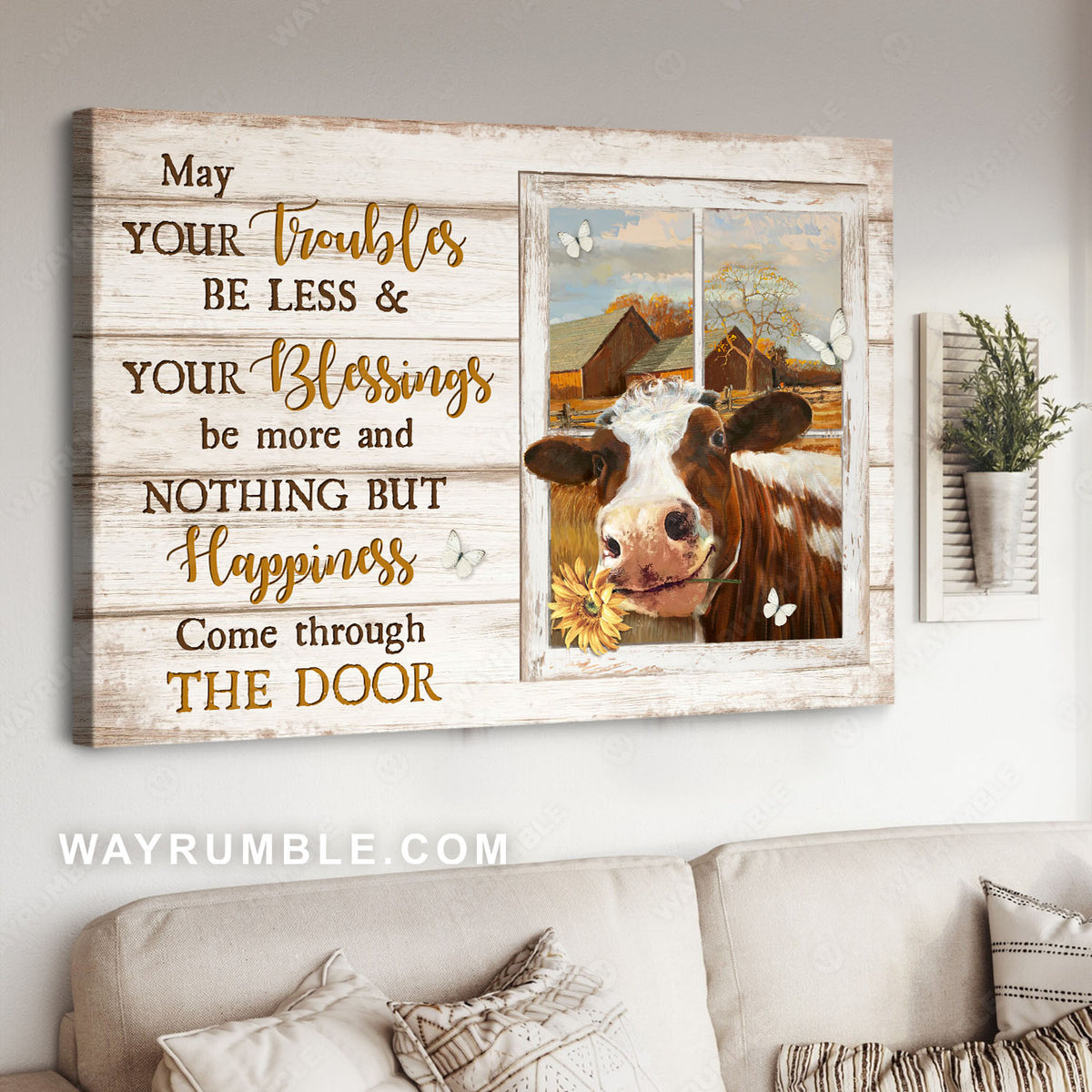 Cow painting, Window frame, Storage house, Happiness come through the door - Jesus Landscape Canvas Prints, Christian Wall Art