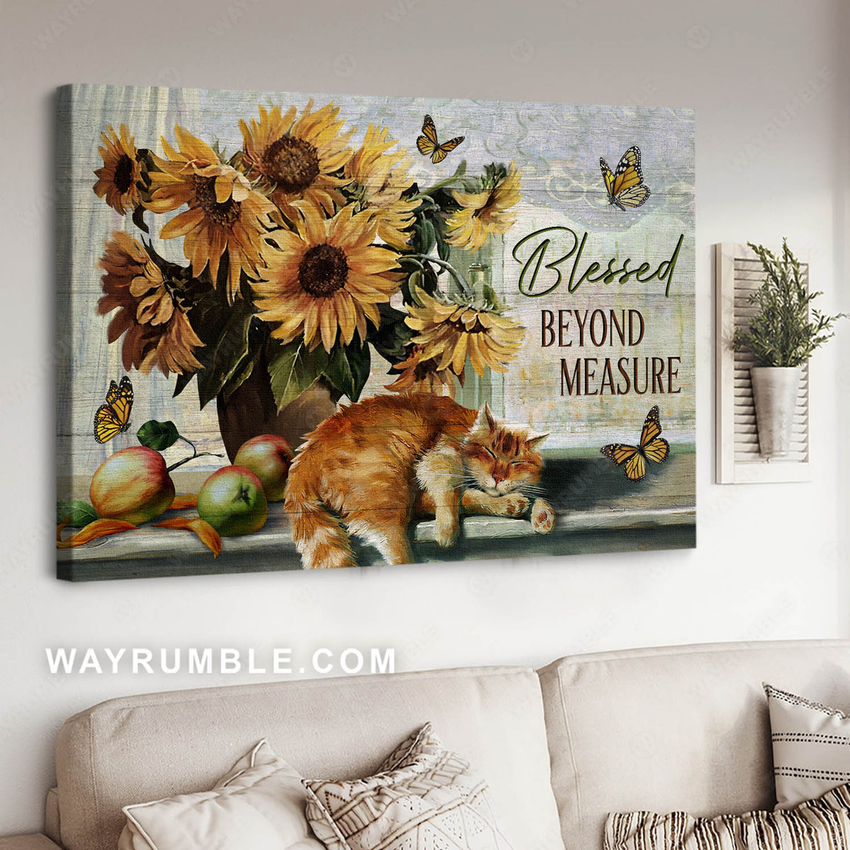 Tabby cat, Monarch butterfly, Sunflower vase, Blessed beyond measure - Jesus Landscape Canvas Prints, Christian Wall Art