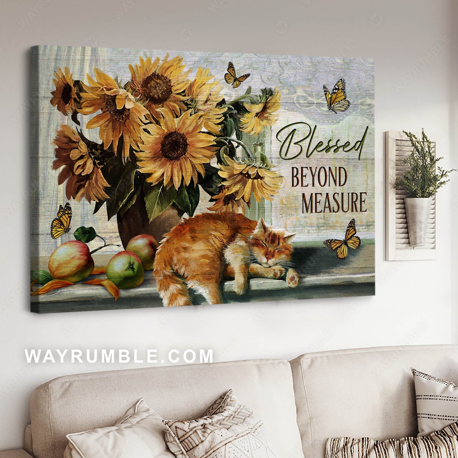 Tabby cat, Monarch butterfly, Sunflower vase, Blessed beyond measure - Jesus Landscape Canvas Prints, Christian Wall Art