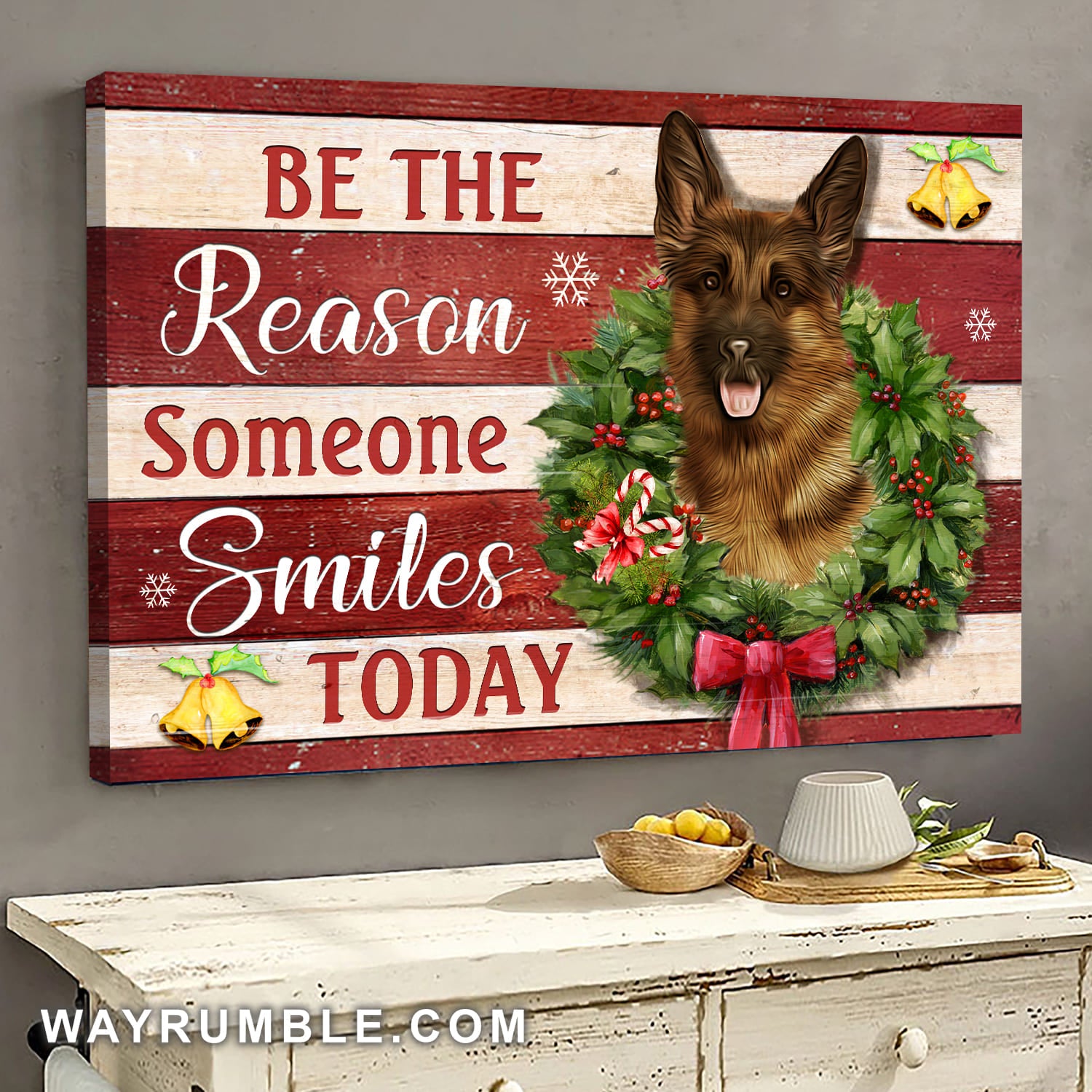 German Shepherd, Christmas Wreath, Golden Bell, Be the reason someone smiles today - Dog Landscape Canvas Prints, Wall Art