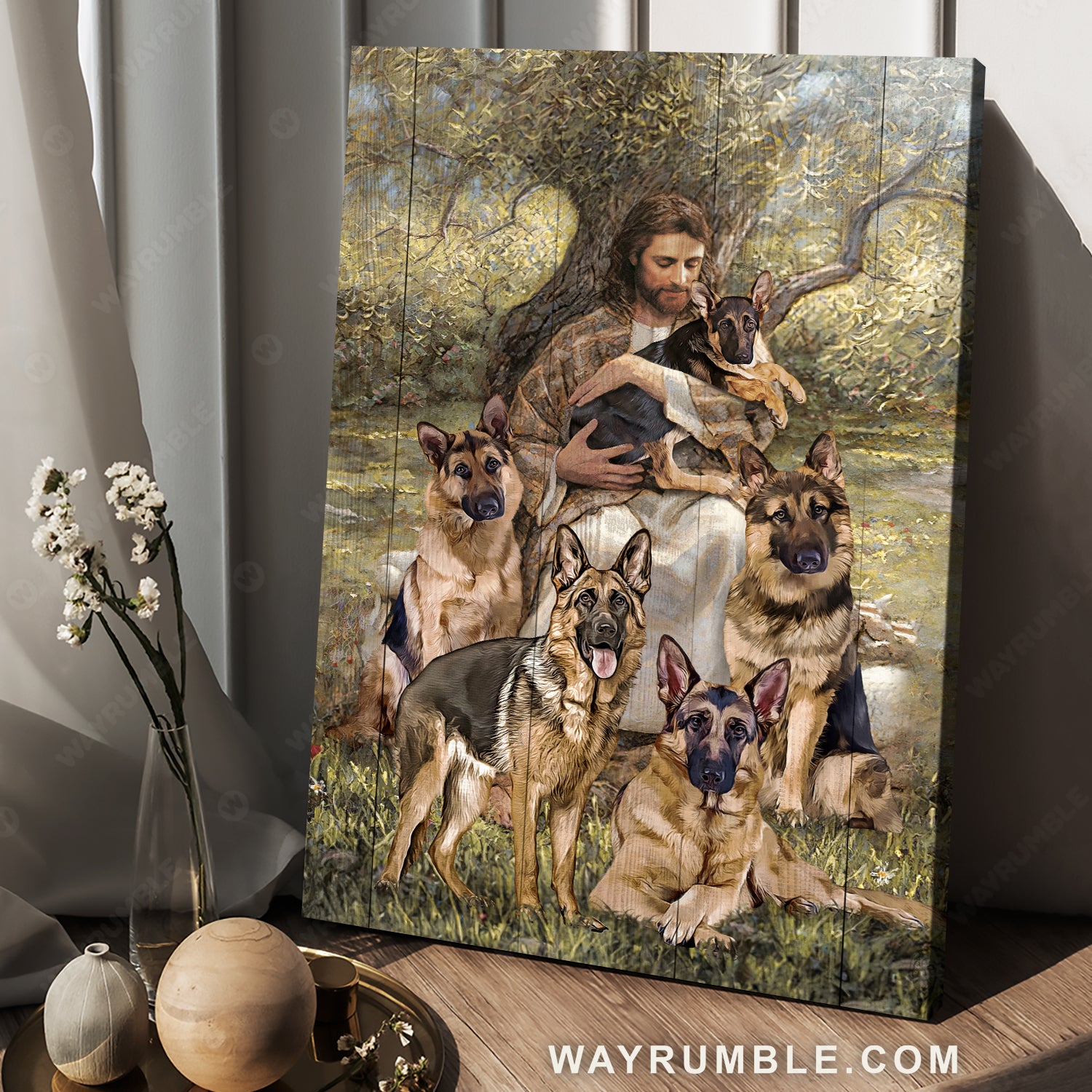 Cute German Shepherd, The world in his arm, Stunning forest - Jesus Portrait Canvas Prints, Home Decor Wall Art