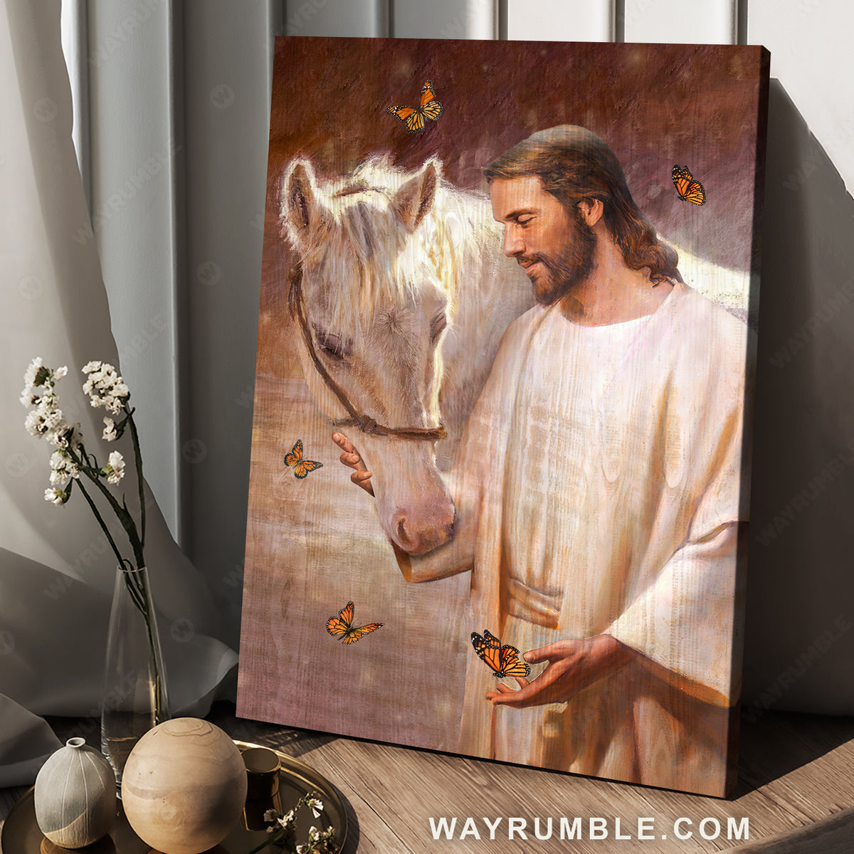 Pretty white horse, Monarch butterfly, Walking with Jesus, Way to heaven - Jesus Portrait Canvas Prints, Home Decor Wall Art