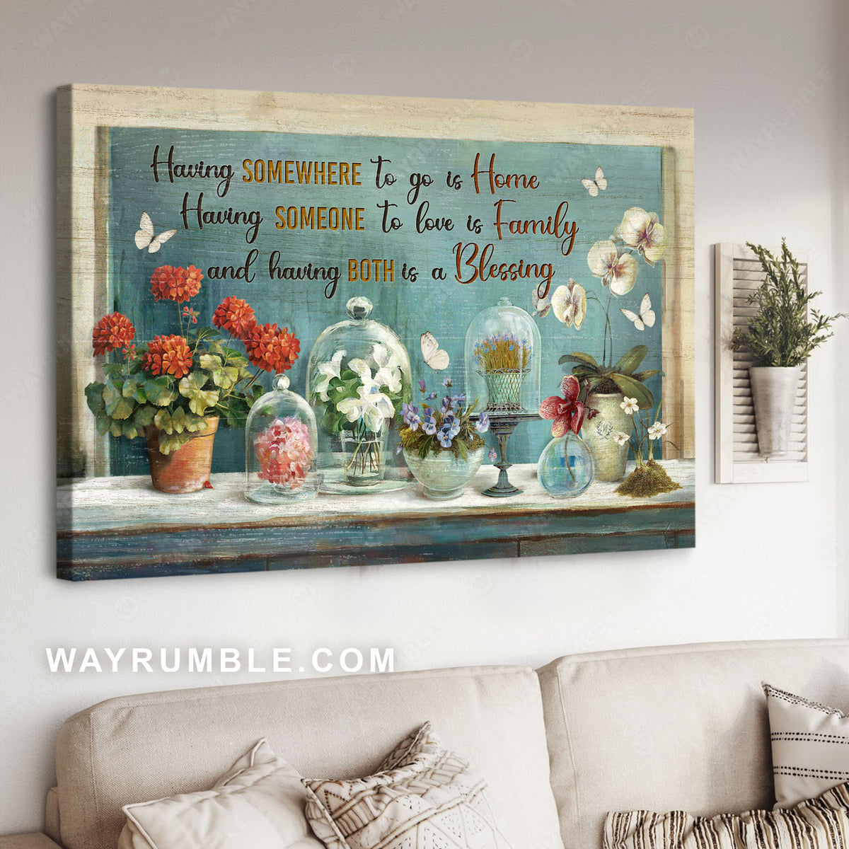 Red geranium, Purple pansy, White orchid, Having somewhere to go - Jesus Landscape Canvas Prints, Christian Wall Art