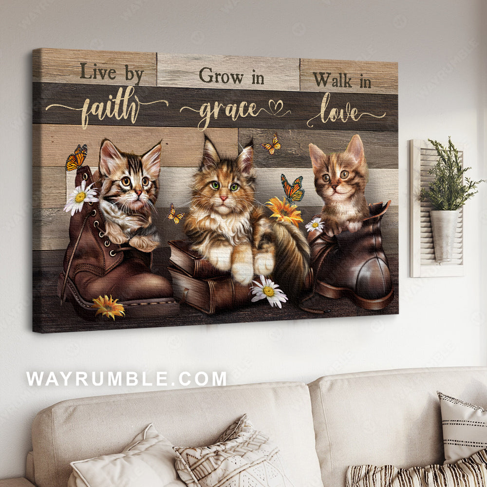 Vintage boots, Cute cat, Flower garden, Live by faith, Grow in grace - Jesus Landscape Canvas Prints, Christian Wall Art