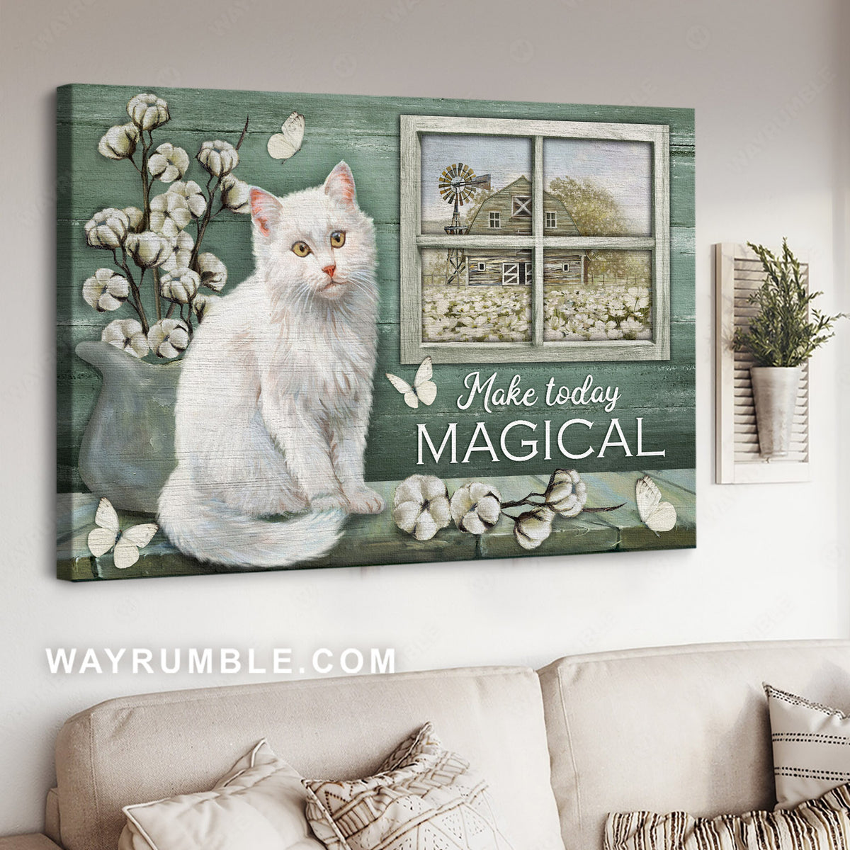 White fluffy cat, Cotton plant, Make today magical - Jesus Landscape Canvas Prints, Christian Wall Art