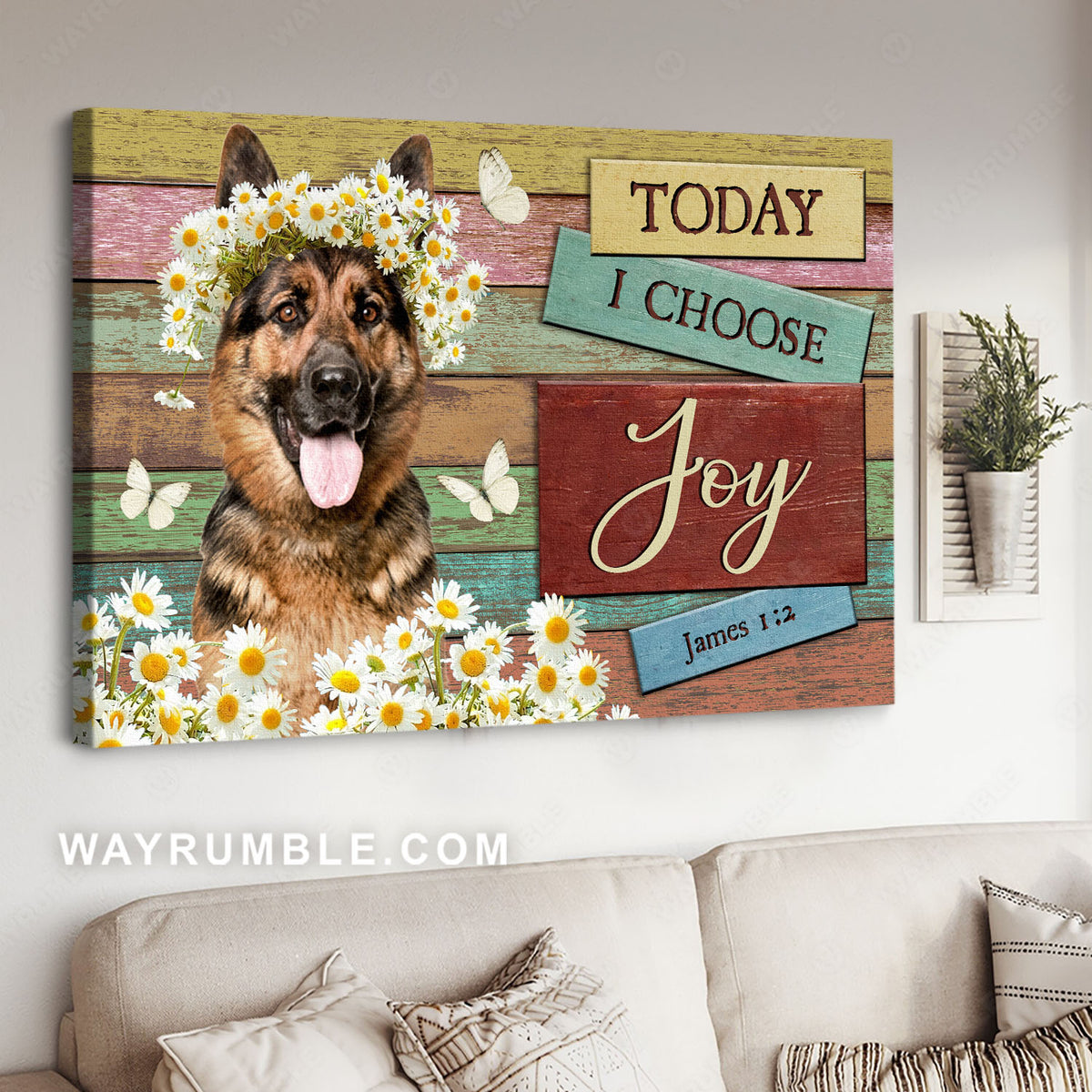 German shepherd, White daisy, Flower wreath, Today I choose joy - Jesus Landscape Canvas Prints, Christian Wall Art