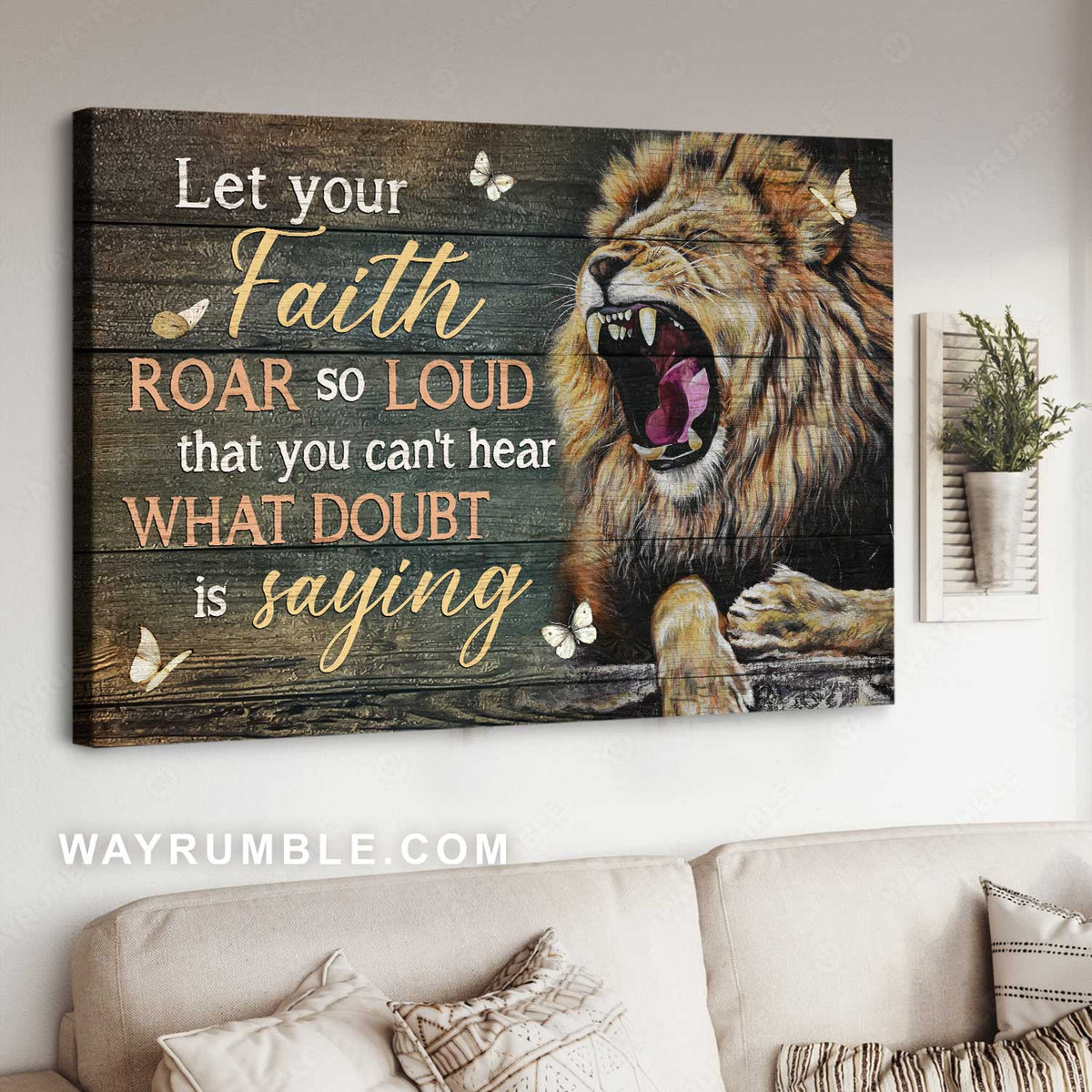 Lion of Judah, Wooden background, Let your faith roar so loud - Jesus Landscape Canvas Prints, Christian Wall Art