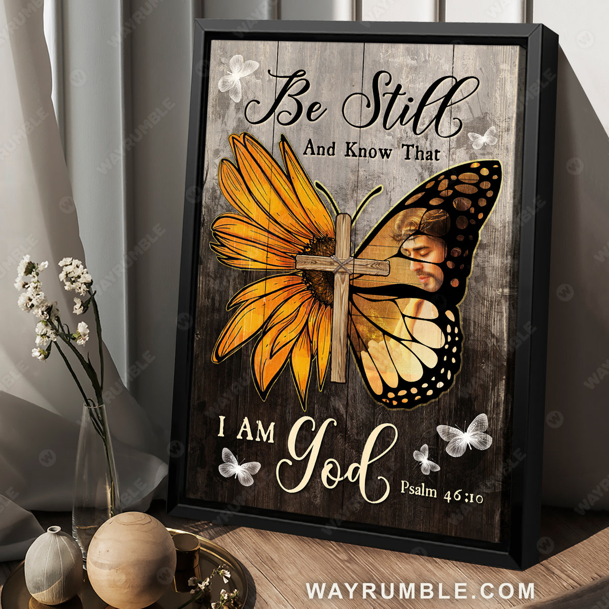The rugged cross, Jesus painting, Sunflower and butterfly, Be still and know that I am God - Jesus Portrait Canvas Prints, Wall Art