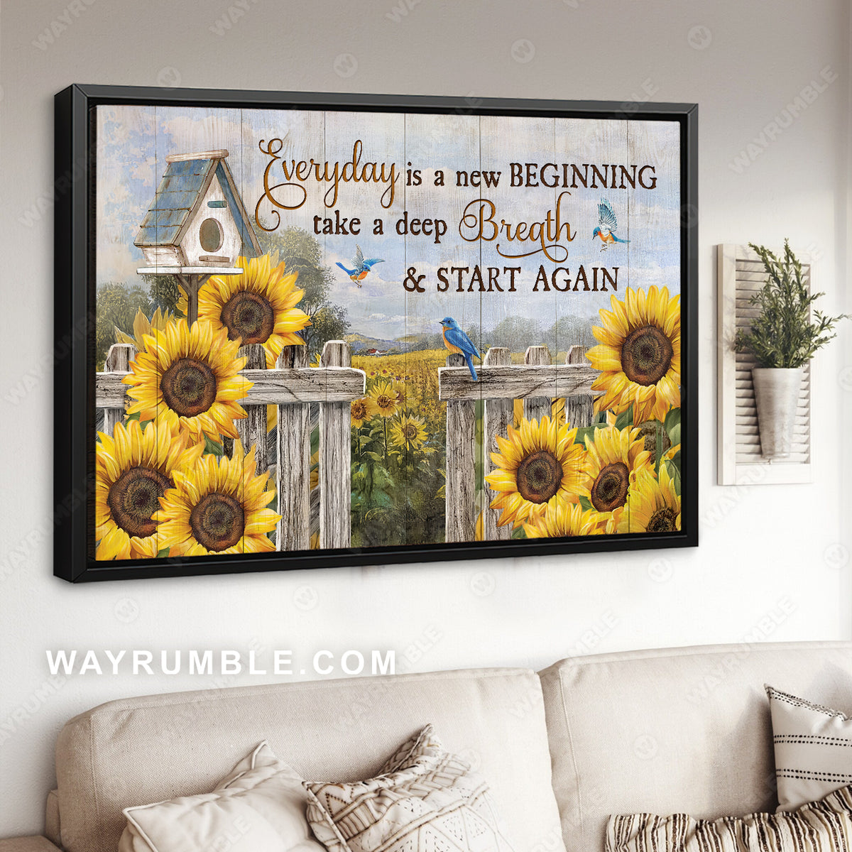 Sunflower field, Eastern bluebird, Birdhouse, Every day is a new beginning - Jesus Landscape Canvas Prints, Home Decor Wall Art