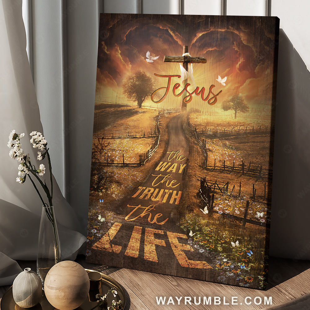Amazing farm, Pretty sunset, Daisy field, The way, The truth, The life - Jesus Portrait Canvas Prints, Christian Wall Art
