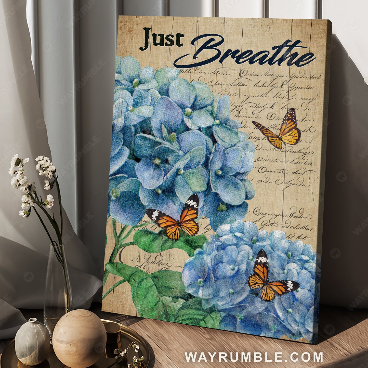Vintage hydrangea, Beautiful butterfly, Antique letter, Just breathe - Jesus Portrait Canvas Prints, Christian Wall Art