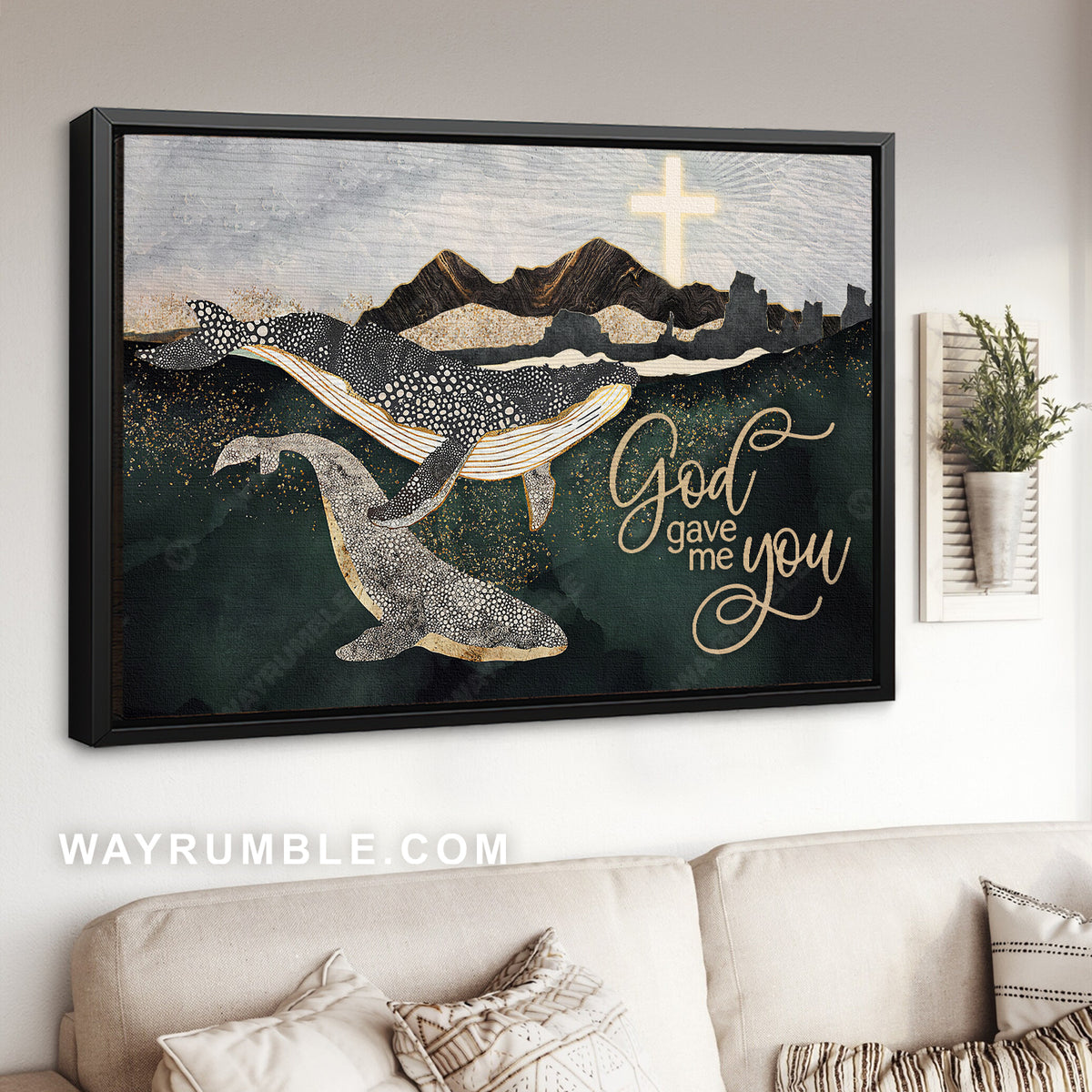 Stunning whale, Deep ocean, Light cross, God gave me you - Jesus Landscape Canvas Prints, Christian Wall Art