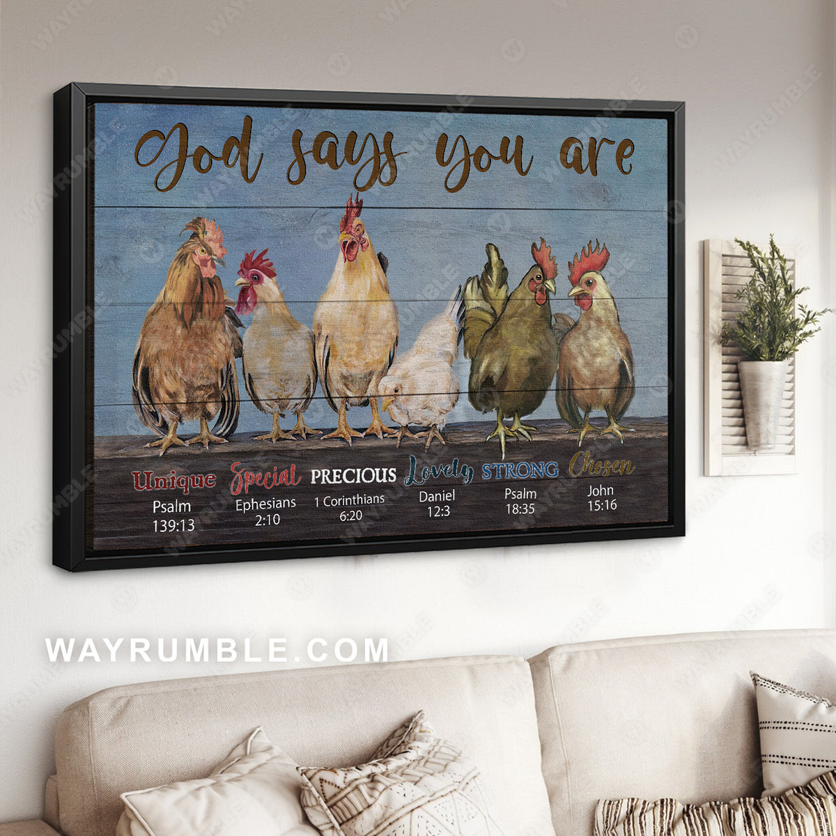 Chicken farm, Blue background, God says you are unique - Jesus Landscape Canvas Prints, Christian Wall Art