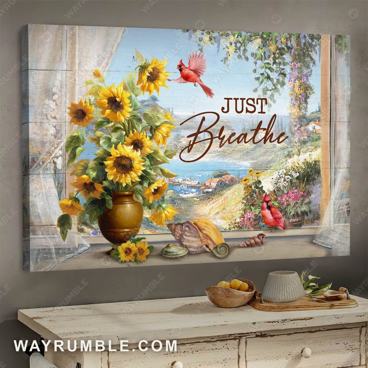 Sunflower painting, Beach view, Red cardinal, Just breathe - Jesus Landscape Canvas Prints, Wall Art