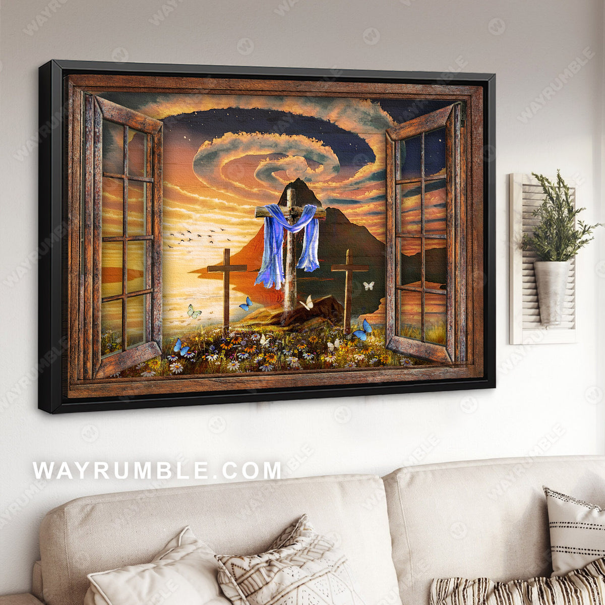 Beautiful halo, Orange sunset, Wooden cross, Window - Jesus Landscape Canvas Prints, Christian Wall Art
