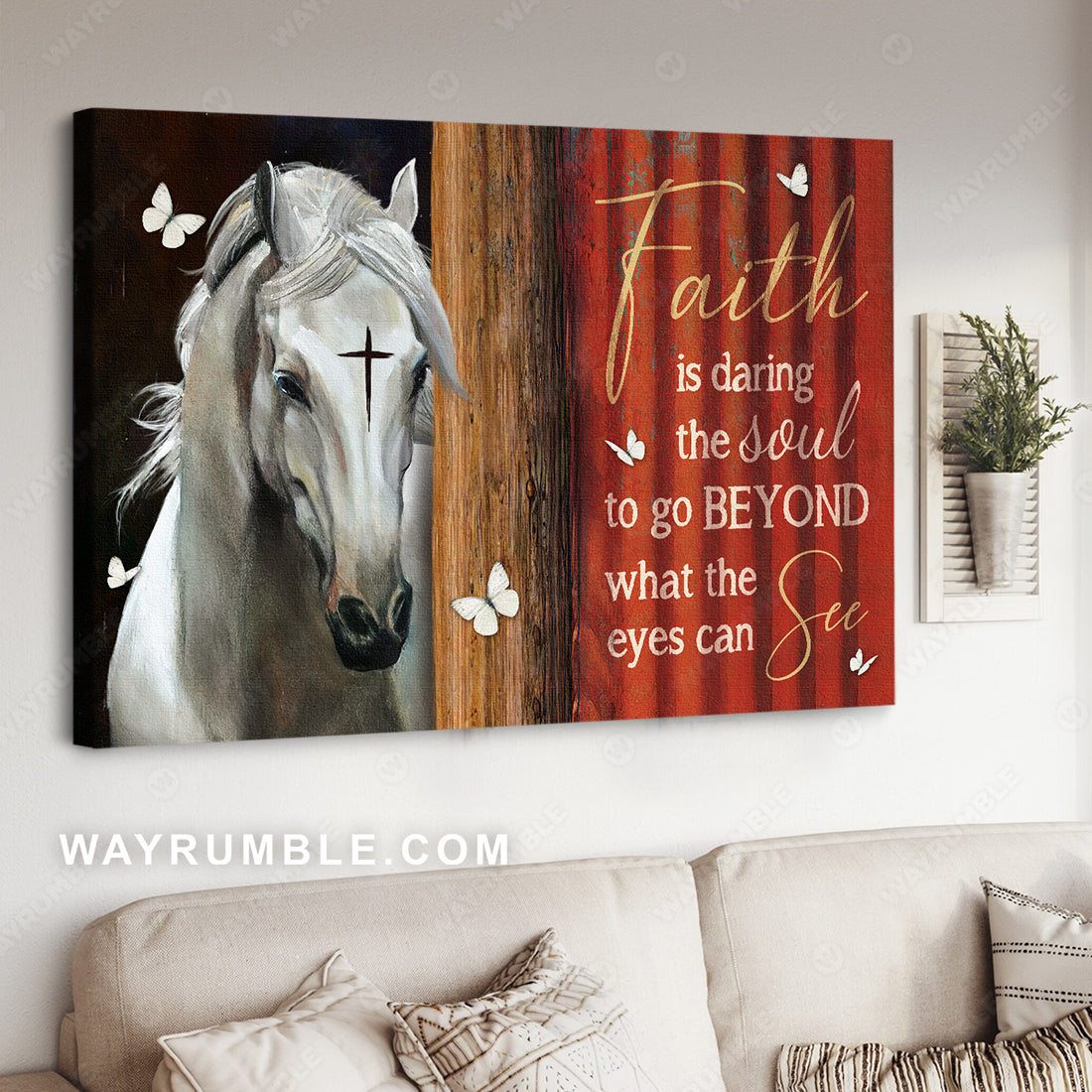 White horse, Black cross, Red background, Faith is daring the soul to go beyond - Jesus Landscape Canvas Prints, Christian Wall Art