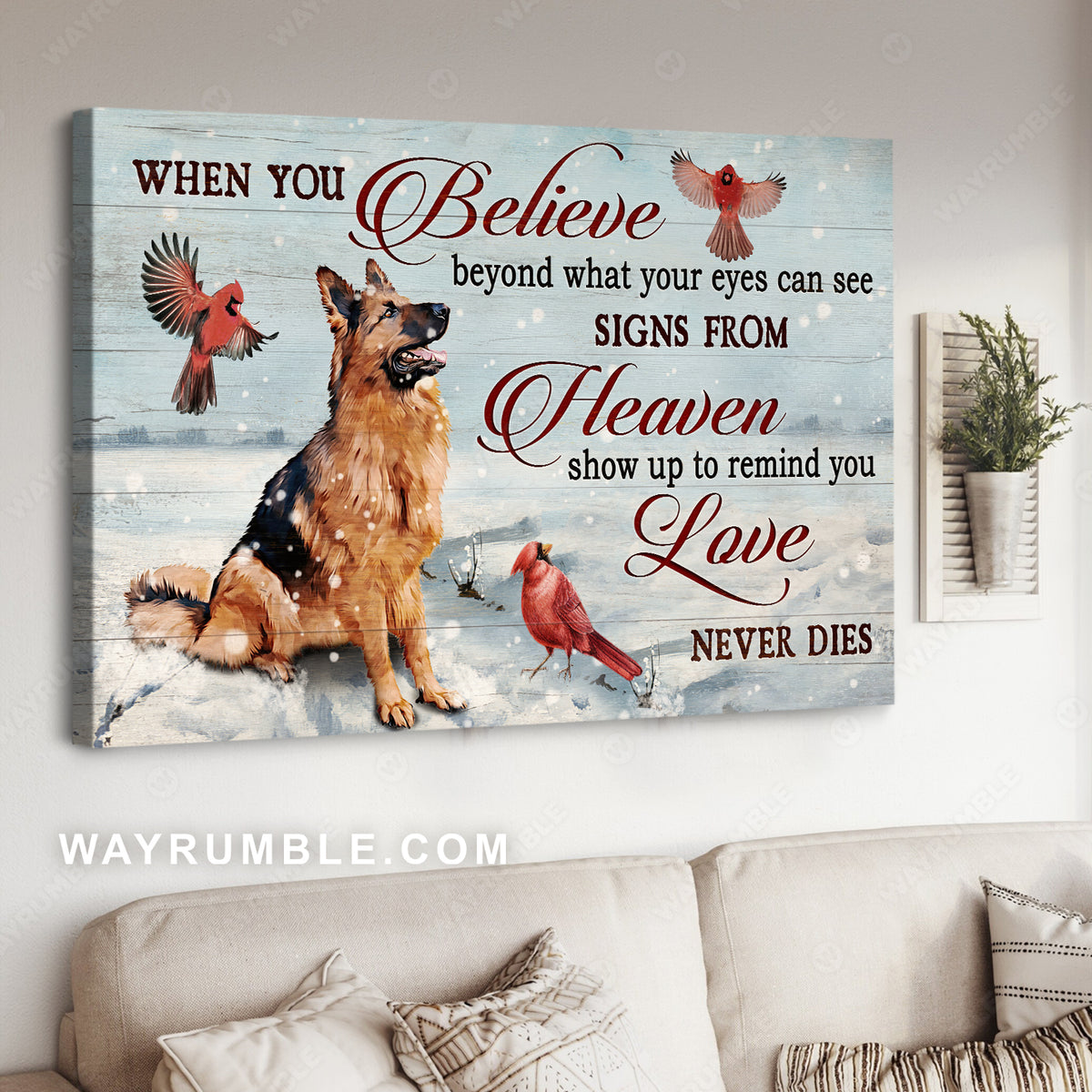 German shepherd dog, Red cardinal, Snow, Signs from heaven - Heaven Landscape Canvas Prints, Wall Art